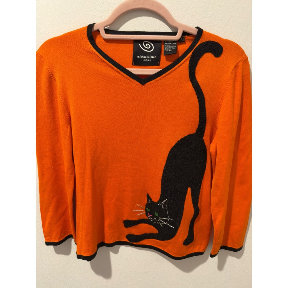 Vintage 2001 Michael Simon Halloween Black Cat Silk Blend Knit Top